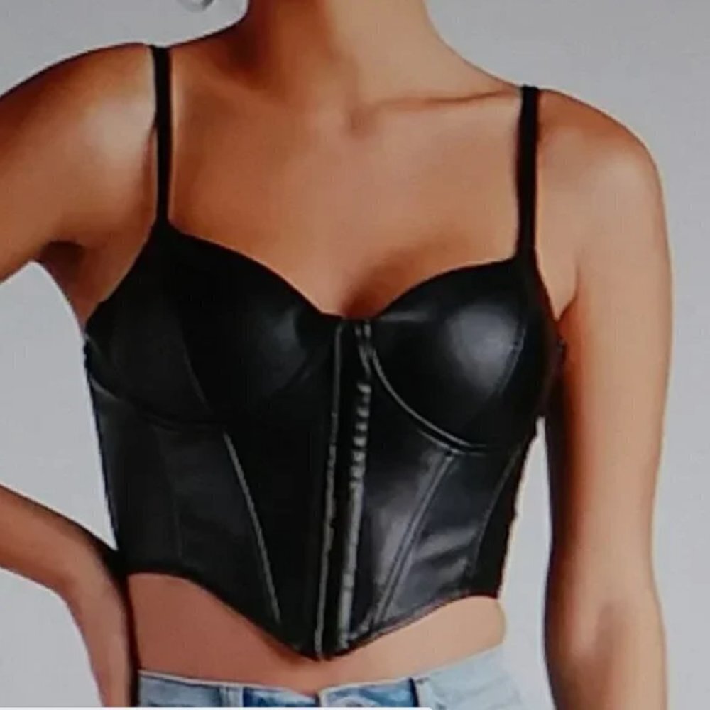 NWT Iris Black Faux Leather Corset Crop Top Size L